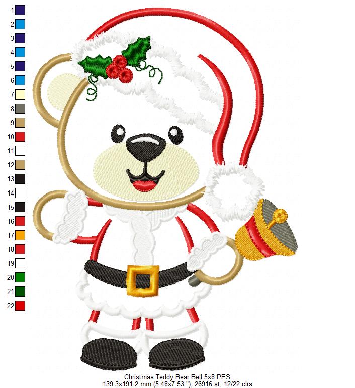 Christmas Teddy Bear Boy and Bell - Applique Machine Embroidery Design