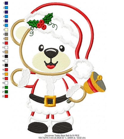 Christmas Teddy Bear Boy and Bell - Applique Machine Embroidery Design