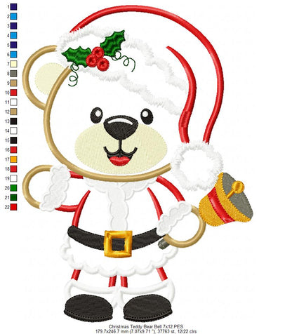 Christmas Teddy Bear Boy and Bell - Applique Machine Embroidery Design