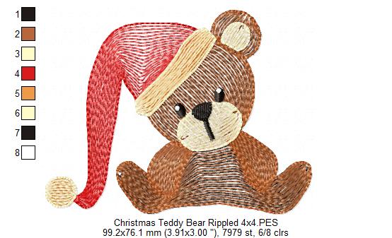 Christmas Teddy Bear wit Hat - Rippled Stitch - Machine Embroidery Design