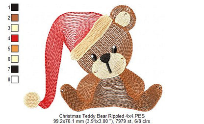 Christmas Teddy Bear wit Hat - Rippled Stitch - Machine Embroidery Design