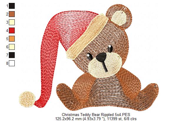 Christmas Teddy Bear wit Hat - Rippled Stitch - Machine Embroidery Design