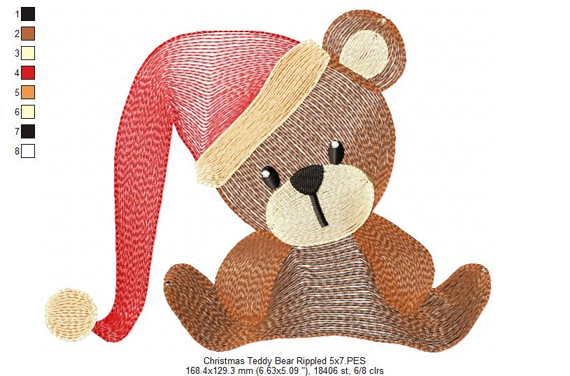 Christmas Teddy Bear wit Hat - Rippled Stitch - Machine Embroidery Design