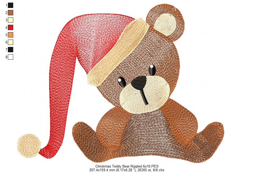 Christmas Teddy Bear wit Hat - Rippled Stitch - Machine Embroidery Design