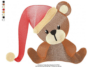 Christmas Teddy Bear wit Hat - Rippled Stitch - Machine Embroidery Design