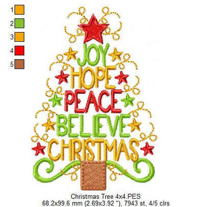 Christmas Tree with Words - Fill Stitch - Machine Embroidery Design