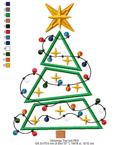 Christmas Tree and Lights - Applique - Machine Embroidery Design