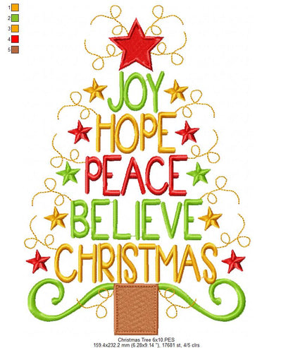 Christmas Tree with Words - Fill Stitch - Machine Embroidery Design