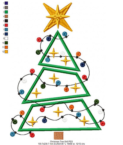 Christmas Tree and Lights - Applique - Machine Embroidery Design