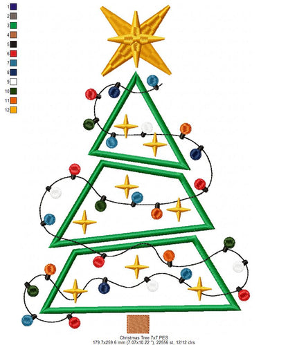 Christmas Tree and Lights - Applique - Machine Embroidery Design