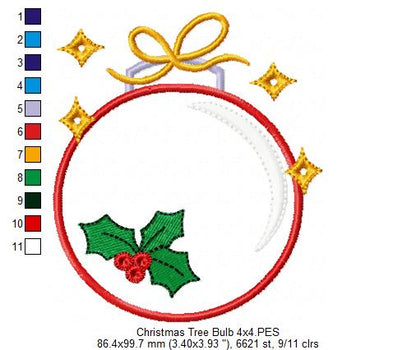 Christmas Bulb - Applique - Machine Embroidery Design