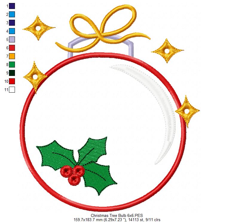 Christmas Bulb - Applique - Machine Embroidery Design