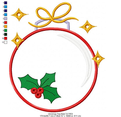 Christmas Bulb - Applique - Machine Embroidery Design