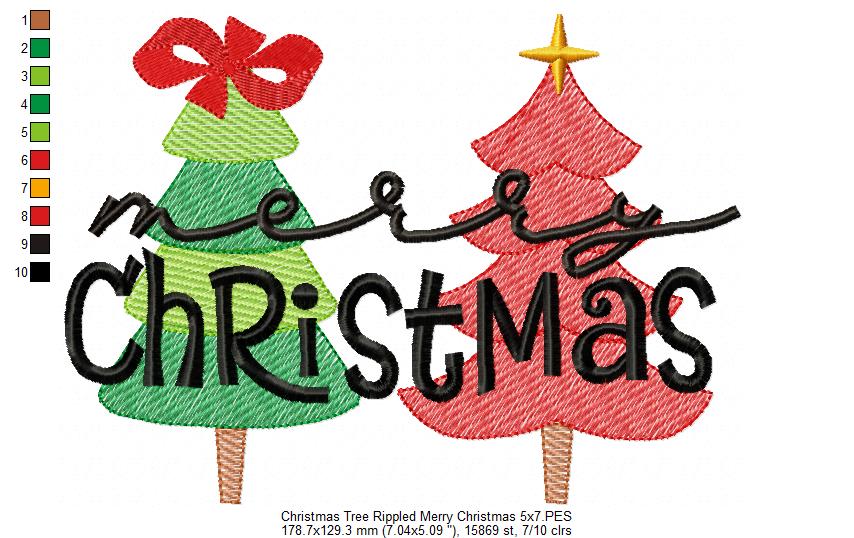 Merry Christmas Christmas Trees - Rippled Stitch - Machine Embroidery Design