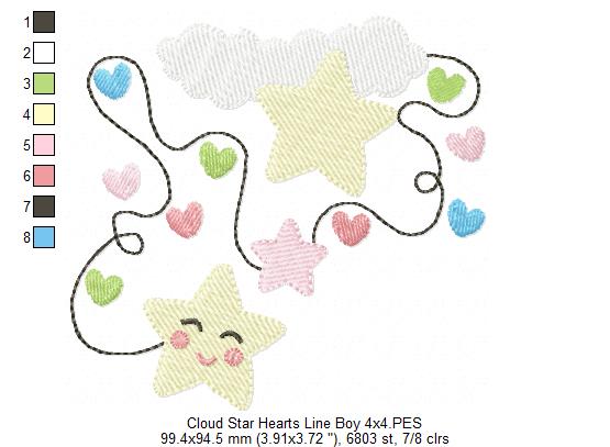 Cloud, Hearts and Stars Line Boy and Girl - Fill Stitch - Set of 2 designs