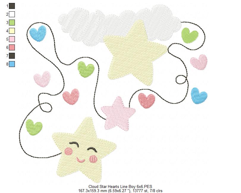 Cloud, Hearts and Stars Line Boy - Fill Stitch
