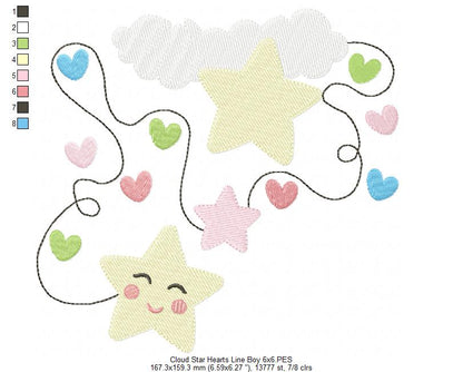 Cloud, Hearts and Stars Line Boy and Girl - Fill Stitch - Set of 2 designs