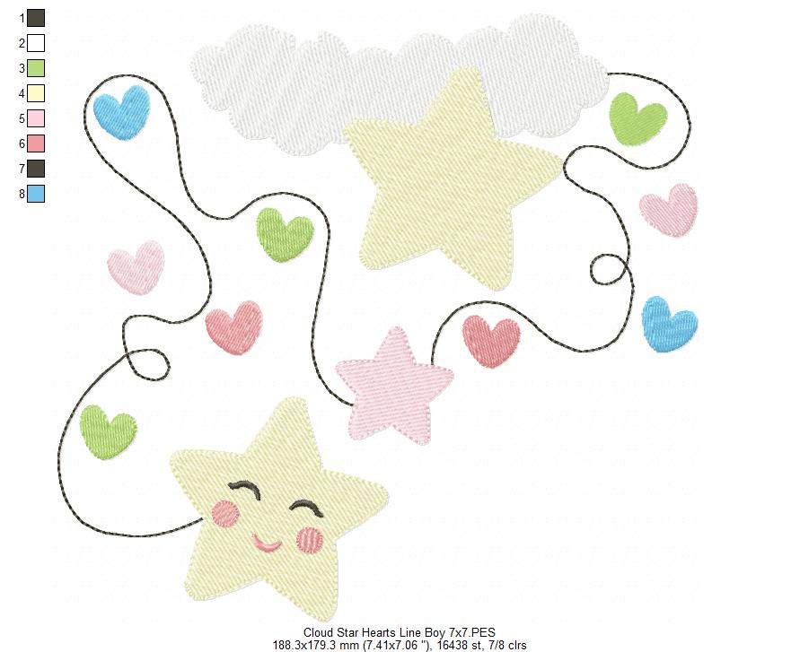 Cloud, Hearts and Stars Line Boy and Girl - Fill Stitch - Set of 2 designs