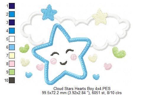 Clouds, Hearts and Stars Boy - Applique - Machine Embroidery Design