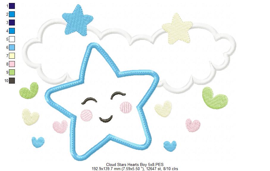 Clouds, Hearts and Stars Boy - Applique - Machine Embroidery Design