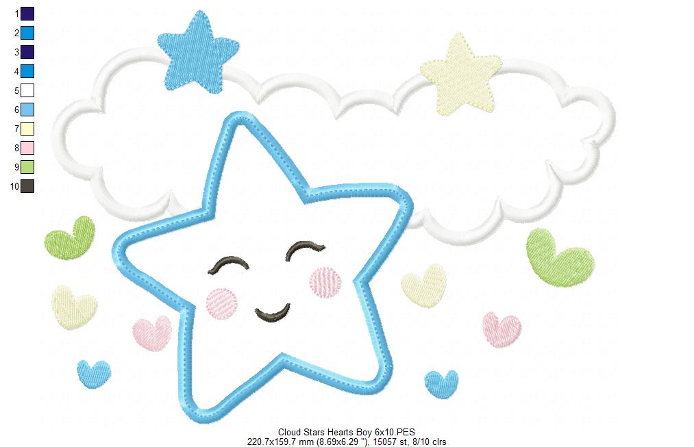Clouds, Hearts and Stars Boy and Girl - Applique - Set of 2 designs
