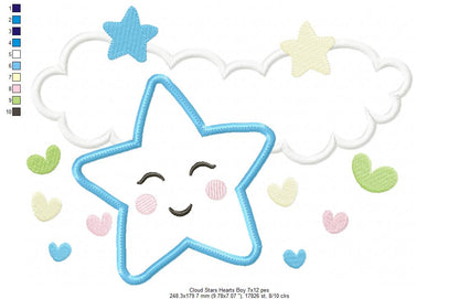 Clouds, Hearts and Stars Boy - Applique - Machine Embroidery Design