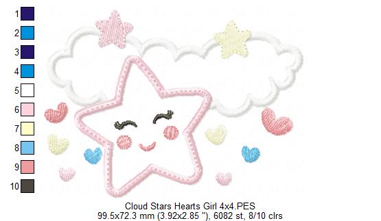 Clouds, Hearts and Stars Girl - Applique - Machine Embroidery Design
