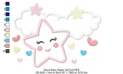 Clouds, Hearts and Stars Girl - Applique - Machine Embroidery Design