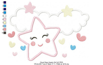 Clouds, Hearts and Stars Girl - Applique - Machine Embroidery Design