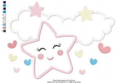 Clouds, Hearts and Stars Girl - Applique - Machine Embroidery Design