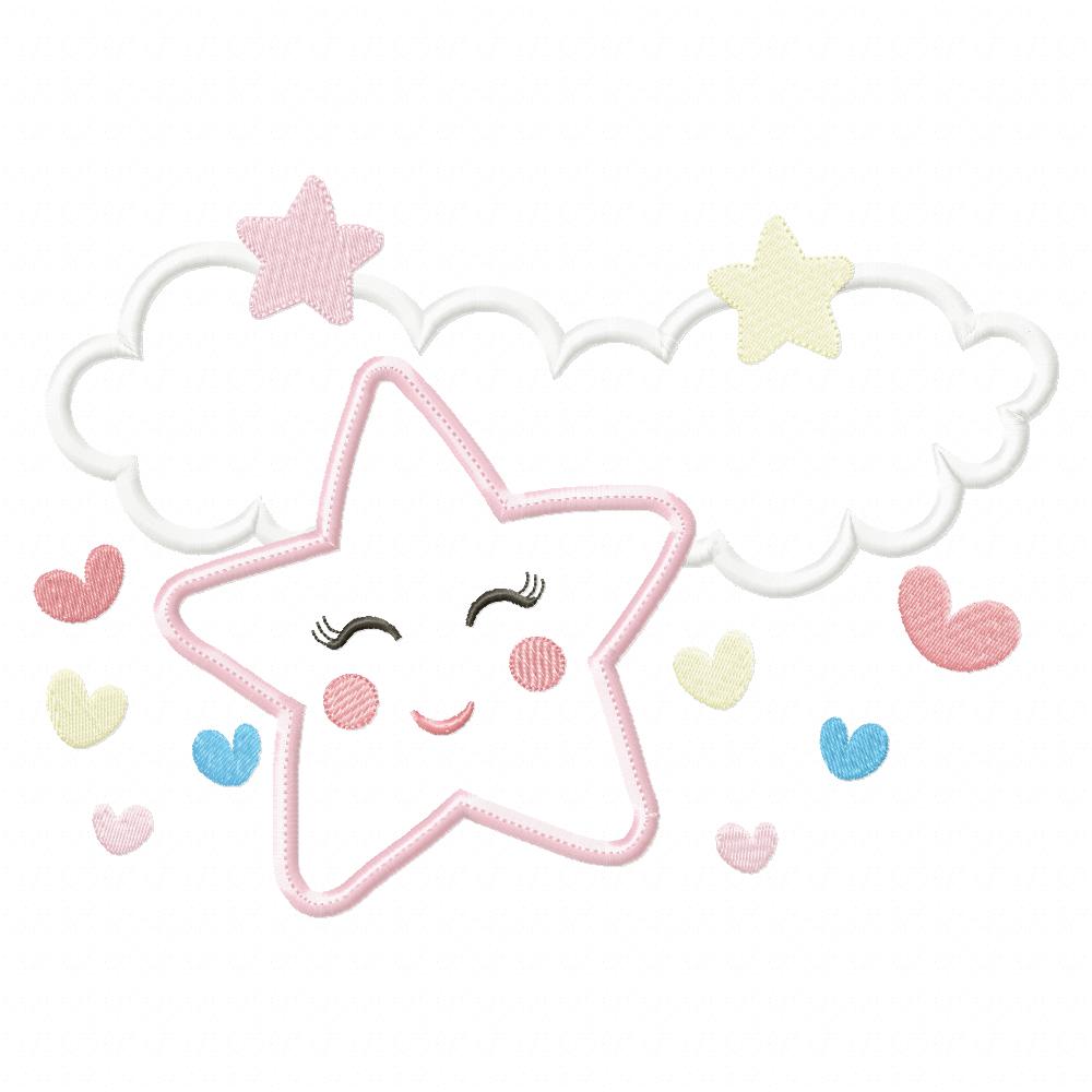 Clouds, Hearts and Stars Girl - Applique - Machine Embroidery Design