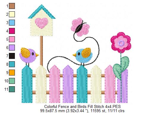 Colorful Fence and Birds - Fill Stitch