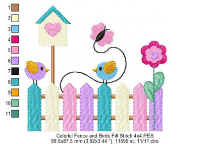 Colorful Fence and Birds - Fill Stitch