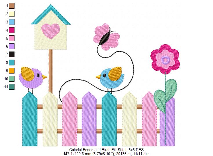 Colorful Fence and Birds - Fill Stitch
