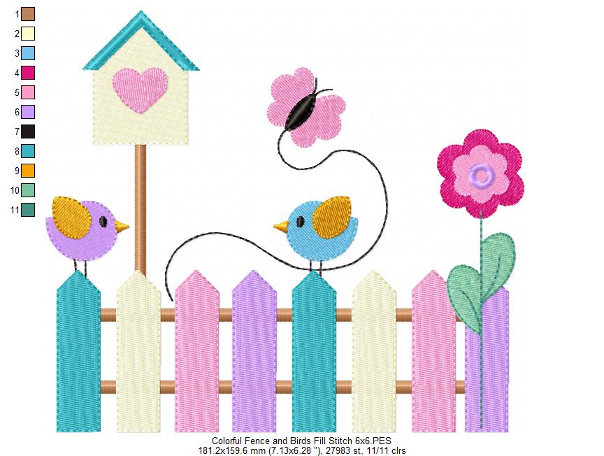 Colorful Fence and Birds - Fill Stitch