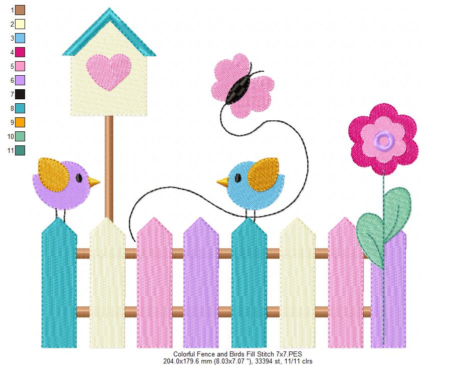 Colorful Fence and Birds - Fill Stitch