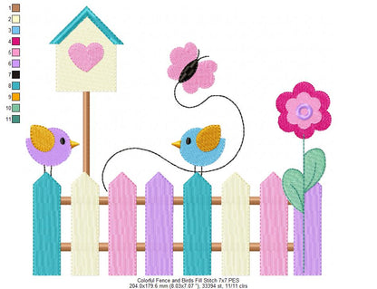 Colorful Fence and Birds - Fill Stitch