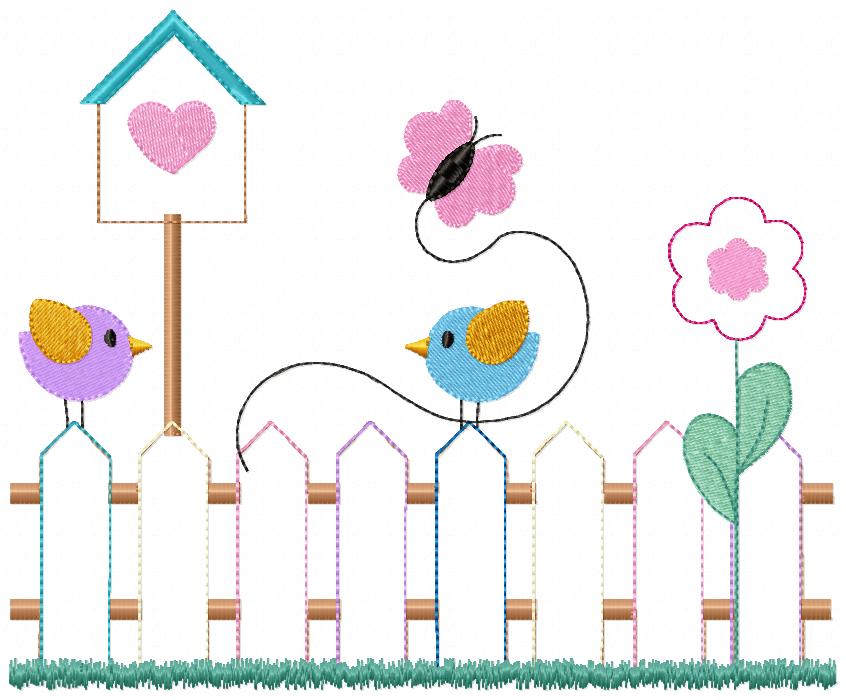 Colorful Fence and Birds - Raggy Applique