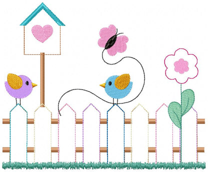 Colorful Fence and Birds - Raggy Applique