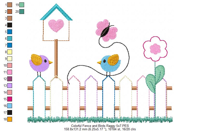 Colorful Fence and Birds - Raggy Applique
