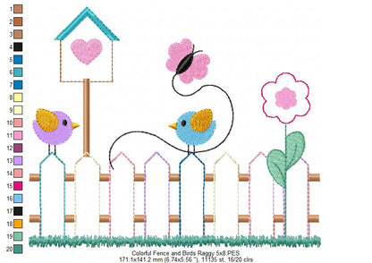 Colorful Fence and Birds - Raggy Applique