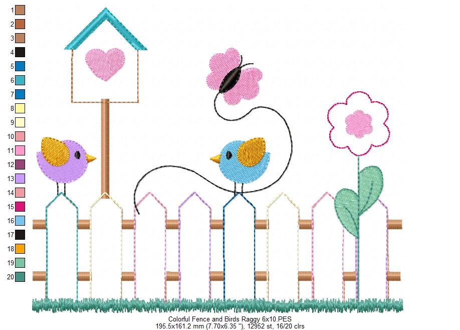 Colorful Fence and Birds - Raggy Applique