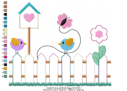 Colorful Fence and Birds - Raggy Applique