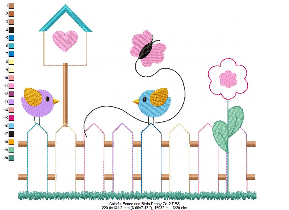 Colorful Fence and Birds - Raggy Applique