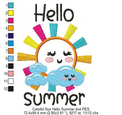 Colorful Happy Sun Hello Summer - Applique - Machine Embroidery Design