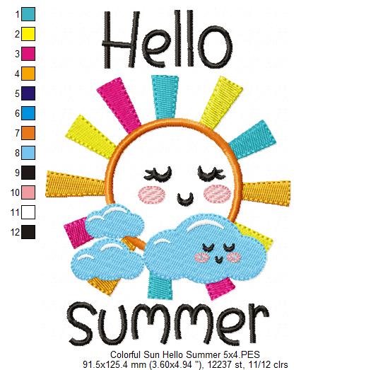 Colorful Happy Sun Hello Summer - Applique - Machine Embroidery Design
