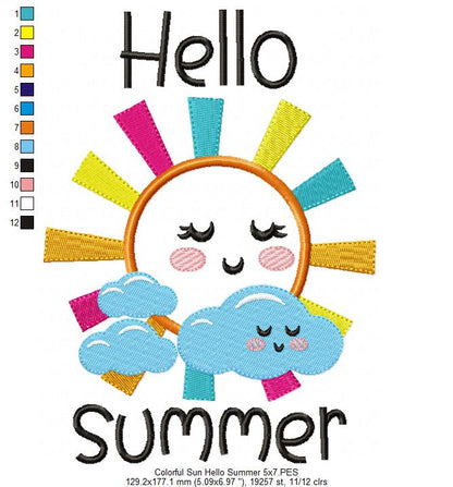Colorful Happy Sun Hello Summer - Applique - Machine Embroidery Design