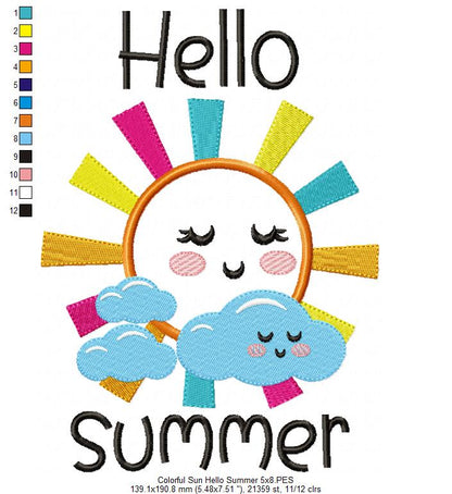 Colorful Happy Sun Hello Summer - Applique - Machine Embroidery Design