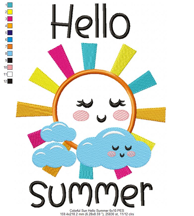 Colorful Happy Sun Hello Summer - Applique - Machine Embroidery Design