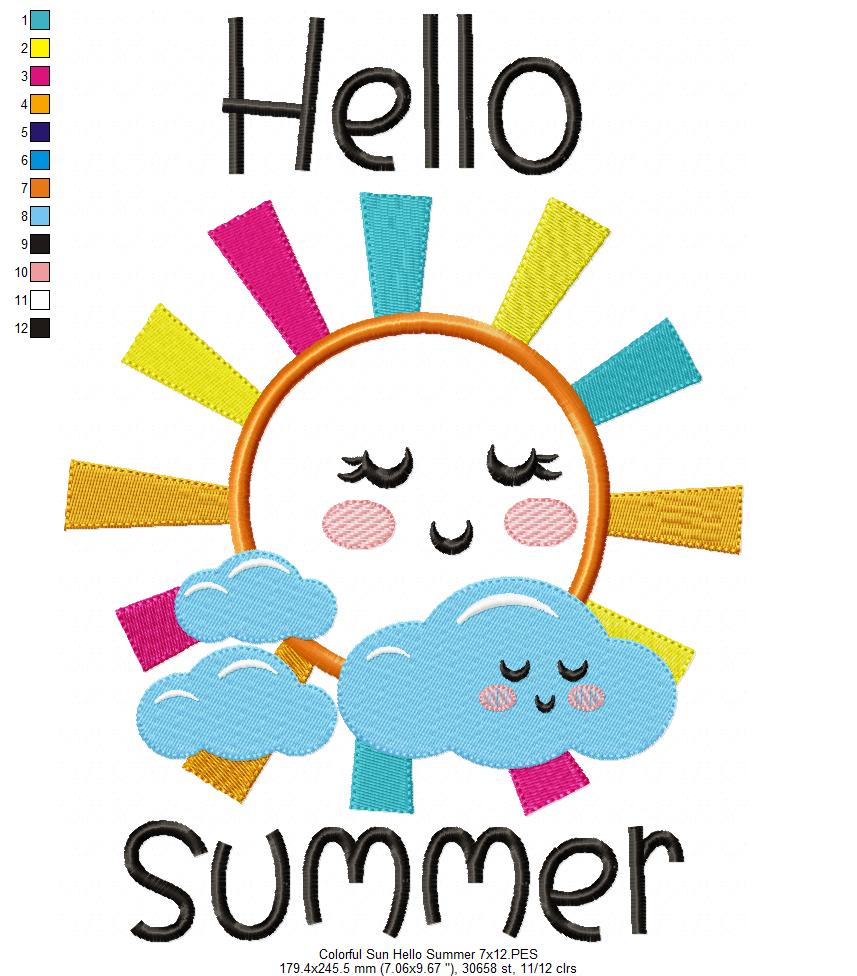 Colorful Happy Sun Hello Summer - Applique - Machine Embroidery Design